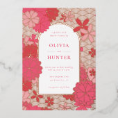 ピンク結婚フローラ 箔招待状 (正面)