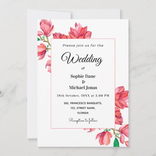 ピンク結婚ホワイトの水彩マグノリアフローラ 招待状 (正面)
