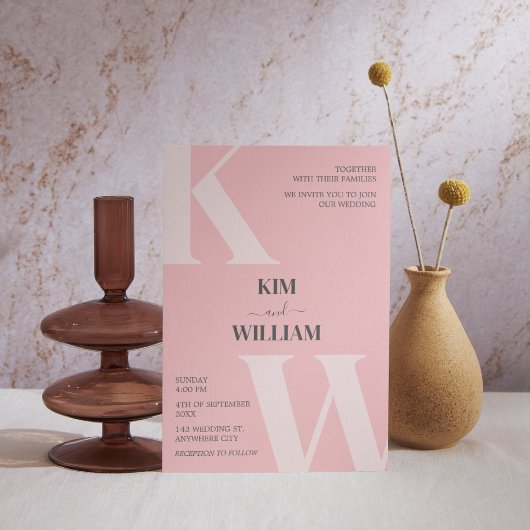 ピンク結婚モノグラム 招待状