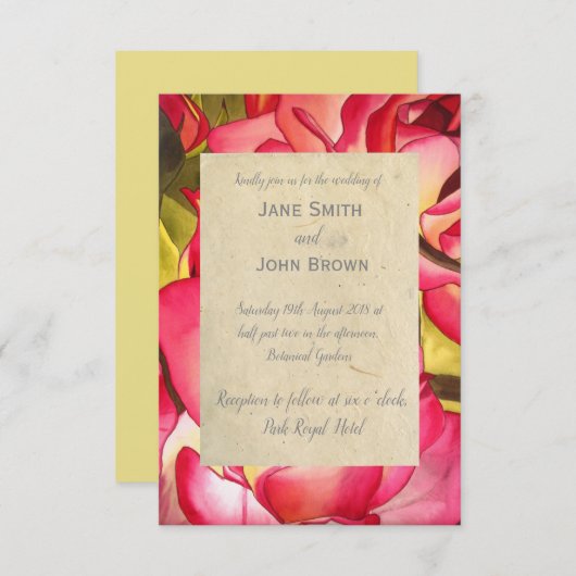 ピンク結婚ローズの水彩素朴 招待状 (正面/裏面)