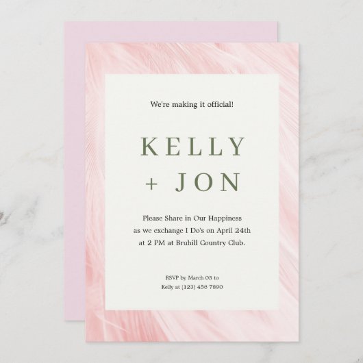 ピンク結婚式招待状と羽縁ど付き 招待状 (正面/裏面)