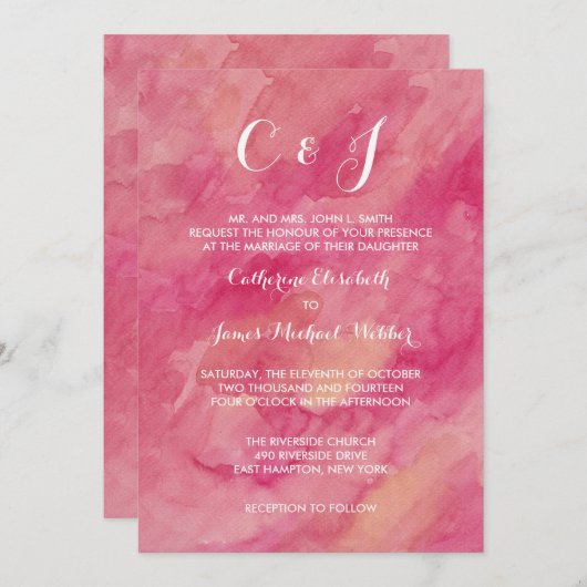 ピンク結婚式招待状花嫁の親のホスティング 招待状 (正面/裏面)