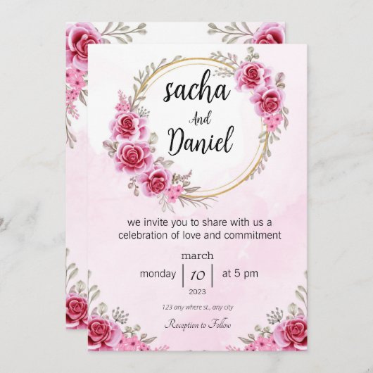 ピンク結婚式招待状,愛のお祝い 招待状 (正面/裏面)