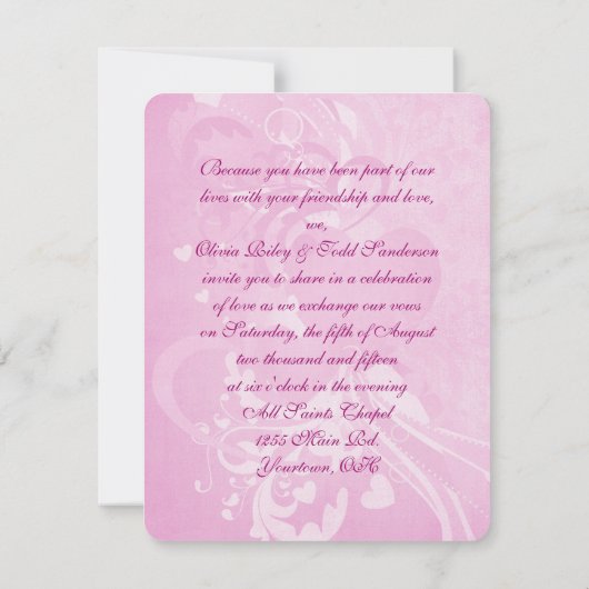 ピンク結婚色のハト 招待状 (裏面)