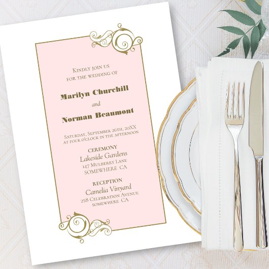 ピンク結婚金ゴールド 招待状