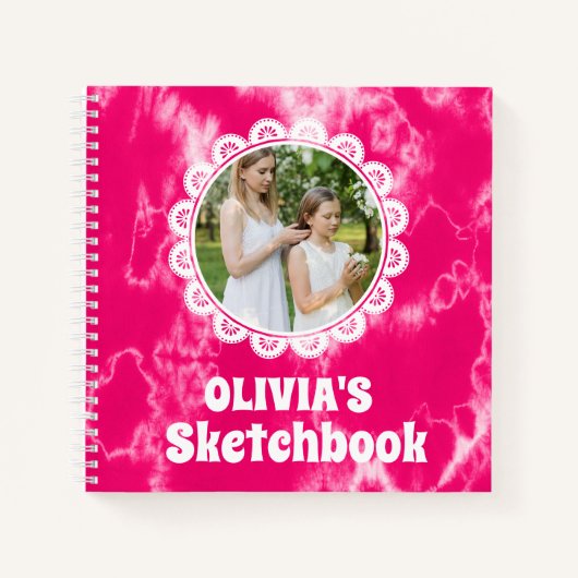 ピンク絞り染めパーソナライズされたクリスマスキッズ写真 ノートブック (正面)