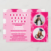 ピンク絞り染めフォトダブル卒業パーティー 招待状 (正面/裏面)