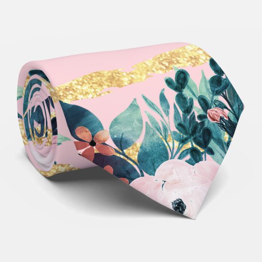 ピンク絵を描の花のストライプ金ゴールドガーリーデザイン ネクタイ (ロール)
