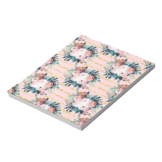 ピンク絵を描の花のストライプ金ゴールドガーリーデザイン ノートパッド (回転)