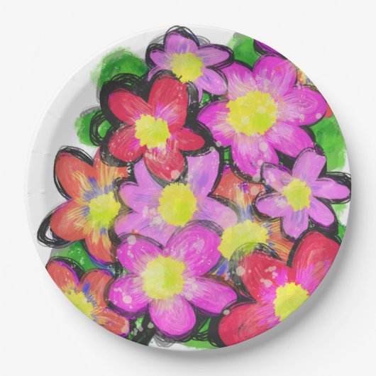 ピンク絵を描の花 ペーパープレート (正面)