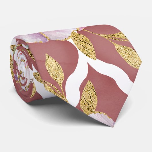 ピンク絵を描の金ゴールド花水彩クローバー ネクタイ (ロール)