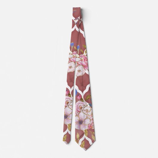 ピンク絵を描の金ゴールド花水彩クローバー ネクタイ (裏面)