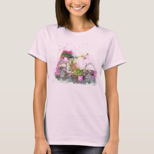 ピンク絵を描のTシャツの水彩自転車 Tシャツ (正面)