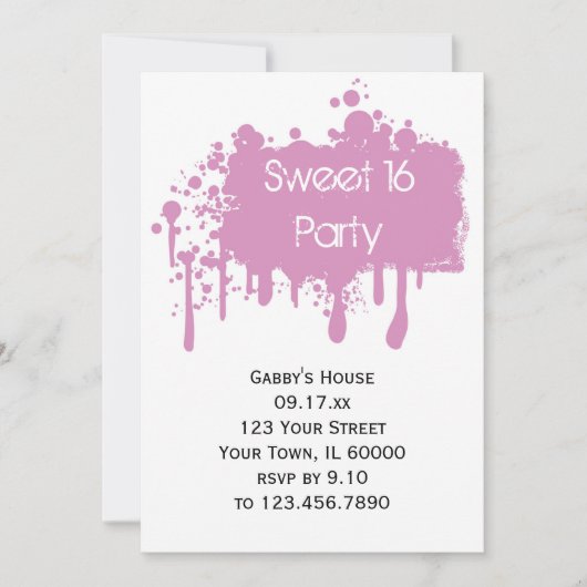 ピンク絵を描ス・スウィート16誕生日パーティー 招待状 (正面)