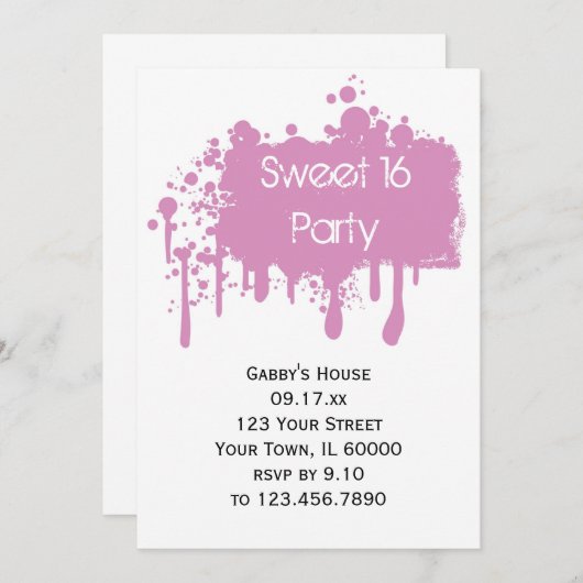 ピンク絵を描ス・スウィート16誕生日パーティー 招待状 (正面/裏面)