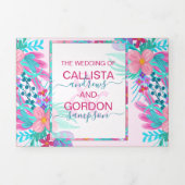 ピンク絵を描ティール(緑がかった色)フラワーレジストリ詳細RSVP 三つ折り招待状 (カバー)