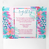 ピンク絵を描ティール(緑がかった色)フラワーレジストリ詳細RSVP 三つ折り招待状 (内部最初)