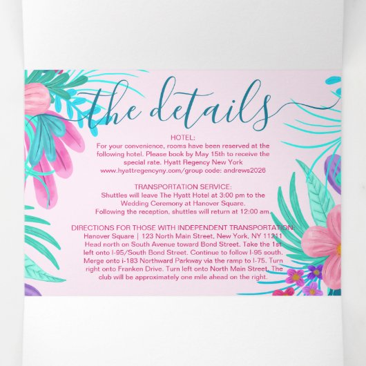 ピンク絵を描ティール（緑がかった色）フラワーレジストリ詳細RSVP 三つ折り招待状 (内部中)