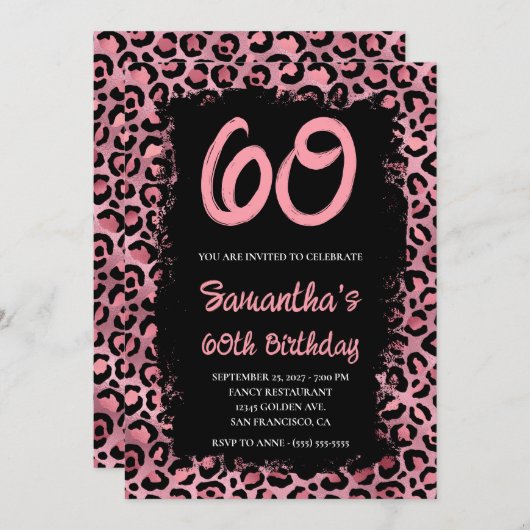 ピンク絵を描ヒョウブラック60誕生日 招待状 (正面/裏面)