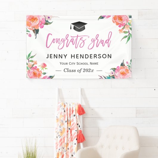 ピンク絵を描フローラおめでとう大学院卒業パーティー 横断幕 (インサイチュ)