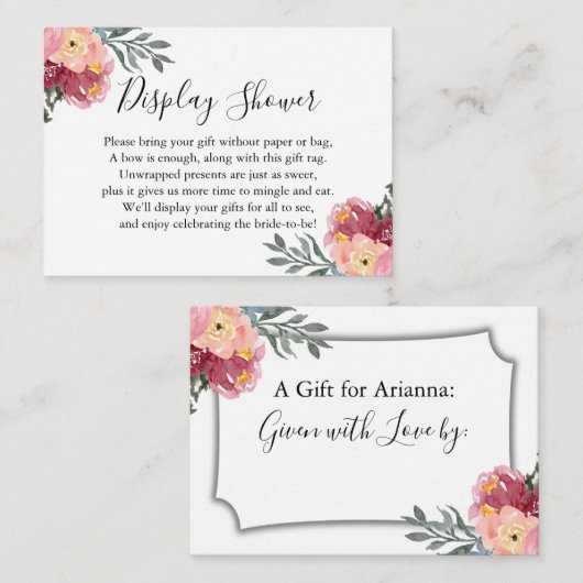 ピンク絵を描フローラ表示ブライダルシャワーギフトラベル エンクロージャーカード (正面/裏面)