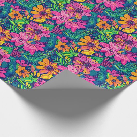ピンク絵を描色の手の熱帯の花はっきりした柄 ラッピングペーパー (角)