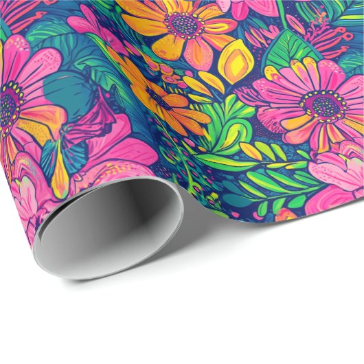 ピンク絵を描色の手の熱帯の花はっきりした柄 ラッピングペーパー (ロールコーナー)