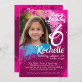 ピンク絵を描(ばちゃばちゃ)跳ねるフォト第6誕生日招待状 招待状 (正面/裏面)