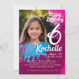 ピンク絵を描（ばちゃばちゃ）跳ねるフォト第6誕生日招待状 招待状