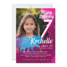 ピンク絵を描（ばちゃばちゃ）跳ねるフォト第7誕生日招待状