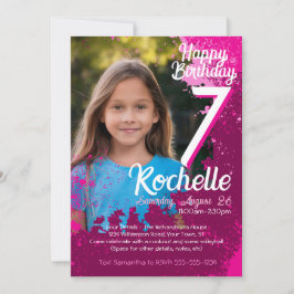 ピンク絵を描（ばちゃばちゃ）跳ねるフォト第7誕生日招待状 招待状