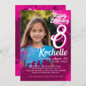 ピンク絵を描(ばちゃばちゃ)跳ねるフォト第8誕生日招待状 招待状 (正面/裏面)