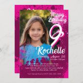 ピンク絵を描（ばちゃばちゃ）跳ねるフォト第9誕生日招待状 招待状 (正面/裏面)