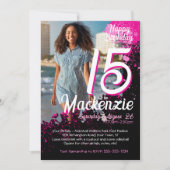 ピンク絵を描（ばちゃばちゃ）跳ねるフォト15誕生日招待状 招待状 (正面)