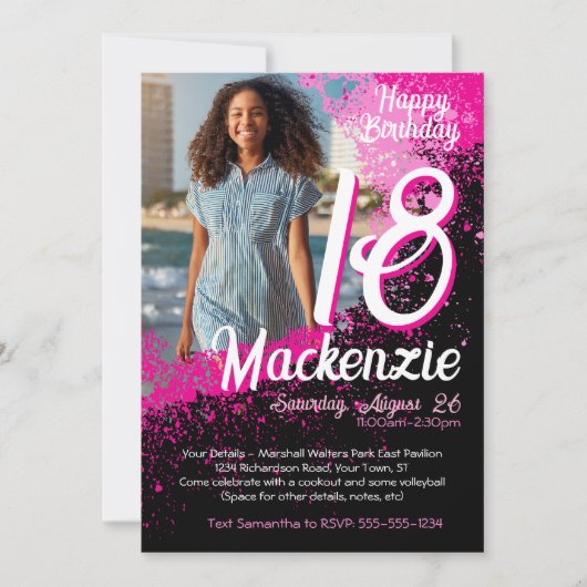 ピンク絵を描（ばちゃばちゃ）跳ねるフォト18誕生日招待状 招待状 (正面)