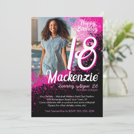 ピンク絵を描（ばちゃばちゃ）跳ねるフォト18誕生日招待状 招待状 (スタンド正面)