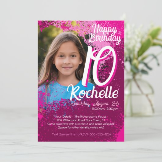ピンク絵を描(ばちゃばちゃ)跳ねる写真10誕生日招待状 招待状 (スタンド正面)