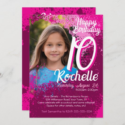 ピンク絵を描(ばちゃばちゃ)跳ねる写真10誕生日招待状 招待状 (正面/裏面)