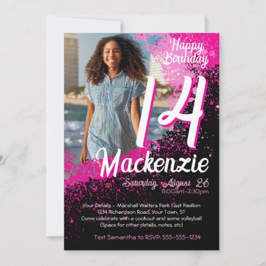 ピンク絵を描(ばちゃばちゃ)跳ねる写真14番目の誕生日招待状 招待状 (正面)