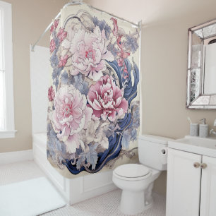 ピンク絵画とブルーのChinoiserie Peony's シャワーカーテン