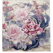 ピンク絵画とブルーのChinoiserie Peony's シャワーカーテン (正面)