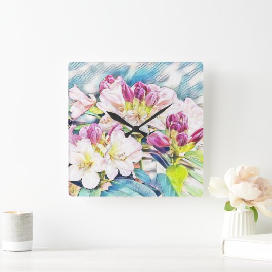 ピンク絵画と白のあぜ色 スクエア壁時計 (ホーム)