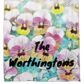 ピンク絵画色の白パンジー シャワーカーテン (正面)