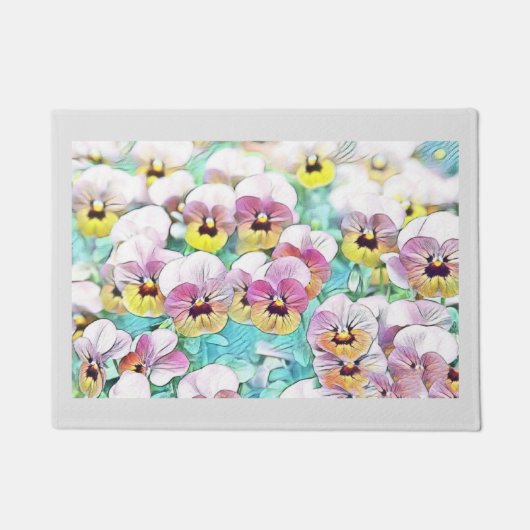 ピンク絵画色の白パンジー ドアマット (正面)