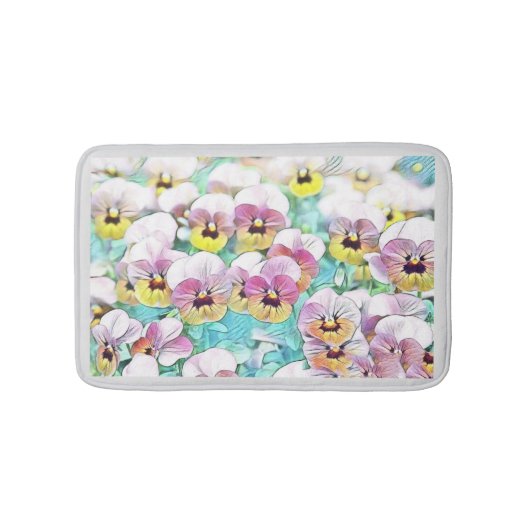 ピンク絵画色の白パンジー バスマット (正面)