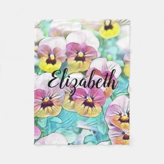 ピンク絵画色の白パンジー フリースブランケット (正面)