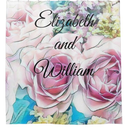 ピンク絵画色の黄色の白いバラ シャワーカーテン (正面)