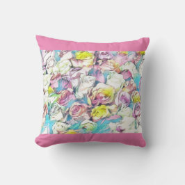 ピンク絵画、黄色、白のバラ クッション