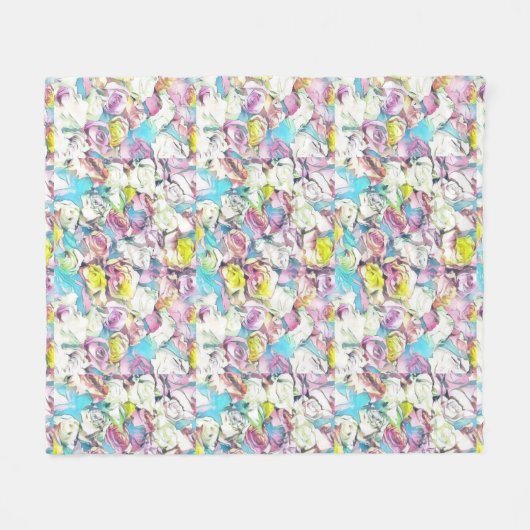 ピンク絵画、黄色、白のバラ フリースブランケット (正面(横))