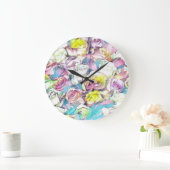 ピンク絵画、黄色、白のバラ ラージ壁時計 (ホーム)